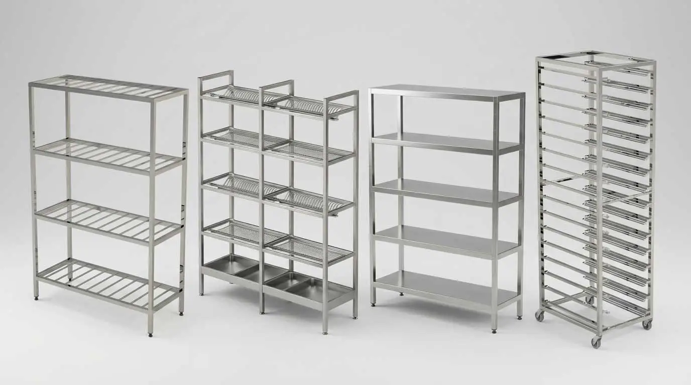 Stainless steel shelving racks for kitchens and warehouses